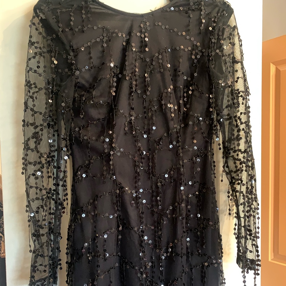 Pretty Little Thing Holiday Black Long Sleeve Sparkle Tassle Dress Size 2